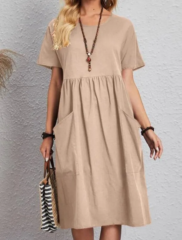 Women's Pink Navy Blue Brown Summer Spring Midi Dress Linen-Inspired Dresses Cotton Linen Dress A Line Dress Casual Daily Weekend Loose Fit Plain Crew Neck