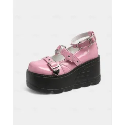 Women's Pink Platform Mary Jane Shoes – Gothic Punk Heart Buckle Bat Wing Details, Chunky Wedge Heel, Patent Faux Leather Footwear for Halloween, Cosplay and Alternative Fashion Events