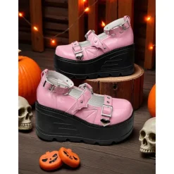 Women's Pink Platform Mary Jane Shoes – Gothic Punk Heart Buckle Bat Wing Details, Chunky Wedge Heel, Patent Faux Leather Footwear for Halloween, Cosplay and Alternative Fashion Events