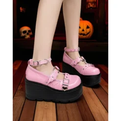 Women's Pink Platform Mary Jane Shoes – Gothic Punk Heart Buckle Bat Wing Details, Chunky Wedge Heel, Patent Faux Leather Footwear for Halloween, Cosplay and Alternative Fashion Events