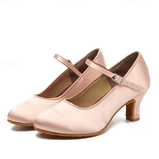 Women's Pink Satin Ballroom Dance Shoes – Mary Jane Latin Heels with Suede Sole for Performance & Practice