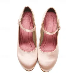 Women's Pink Satin Ballroom Dance Shoes – Mary Jane Latin Heels with Suede Sole for Performance & Practice