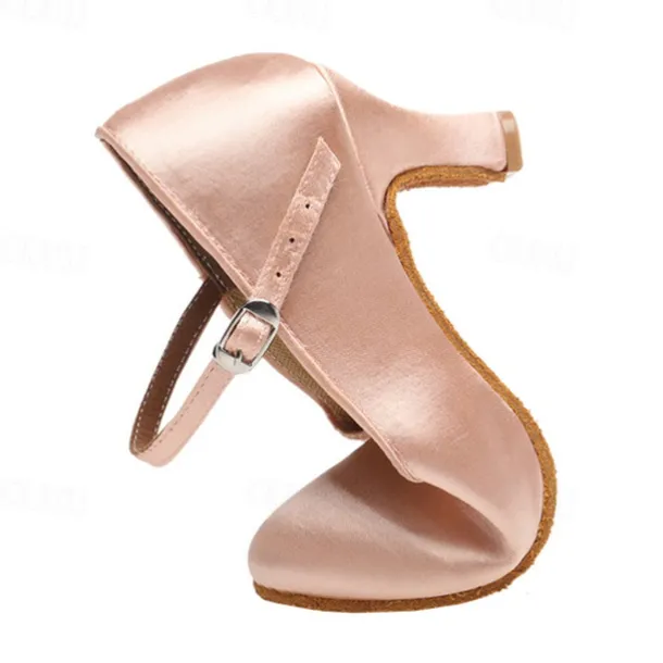 Women's Pink Satin Ballroom Dance Shoes – Mary Jane Latin Heels with Suede Sole for Performance & Practice