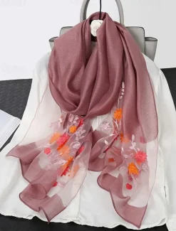 Women's Pink Sheer Embroidered Floral Scarf, Lightweight and Elegant, Perfect for Spring, Summer, and Formal Occasions