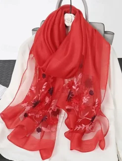 Women's Pink Sheer Embroidered Floral Scarf, Lightweight and Elegant, Perfect for Spring, Summer, and Formal Occasions