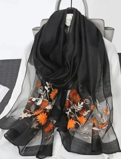 Women's Pink Sheer Embroidered Floral Scarf, Lightweight and Elegant, Perfect for Spring, Summer, and Formal Occasions