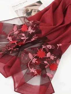 Women's Pink Sheer Embroidered Floral Scarf, Lightweight and Elegant, Perfect for Spring, Summer, and Formal Occasions