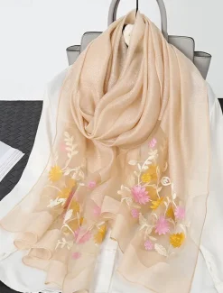 Women's Pink Sheer Embroidered Floral Scarf, Lightweight and Elegant, Perfect for Spring, Summer, and Formal Occasions