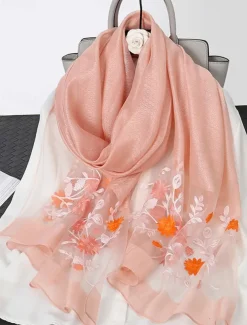 Women's Pink Sheer Embroidered Floral Scarf, Lightweight and Elegant, Perfect for Spring, Summer, and Formal Occasions