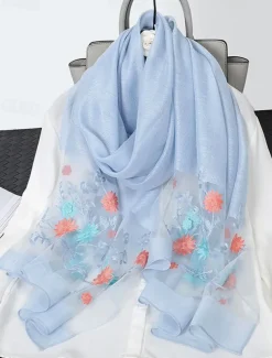 Women's Pink Sheer Embroidered Floral Scarf, Lightweight and Elegant, Perfect for Spring, Summer, and Formal Occasions