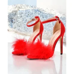 Women's Pink Suede Heels with Fluffy Straps and Pointed Toe | Perfect for Wedding, Parties and Night Out