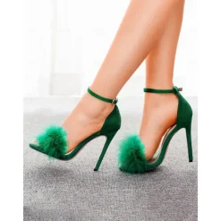 Women's Pink Suede Heels with Fluffy Straps and Pointed Toe | Perfect for Wedding, Parties and Night Out