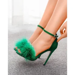 Women's Pink Suede Heels with Fluffy Straps and Pointed Toe | Perfect for Wedding, Parties and Night Out