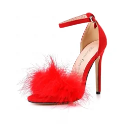 Women's Pink Suede Heels with Fluffy Straps and Pointed Toe | Perfect for Wedding, Parties and Night Out