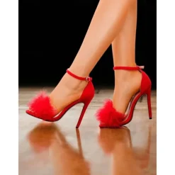 Women's Pink Suede Heels with Fluffy Straps and Pointed Toe | Perfect for Wedding, Parties and Night Out