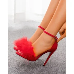 Women's Pink Suede Heels with Fluffy Straps and Pointed Toe | Perfect for Wedding, Parties and Night Out