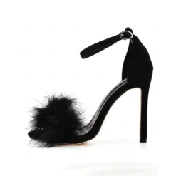 Women's Pink Suede Heels with Fluffy Straps and Pointed Toe | Perfect for Wedding, Parties and Night Out