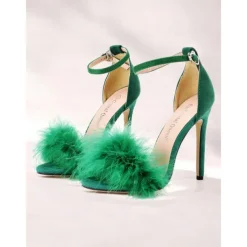 Women's Pink Suede Heels with Fluffy Straps and Pointed Toe | Perfect for Wedding, Parties and Night Out