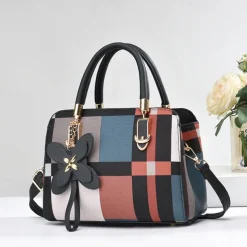 Women's Plaid Handbag with Faux Leather Handles and Shoulder Strap, Structured Top Handle Bag with Butterfly Charm for Office, Shopping and Daily Use