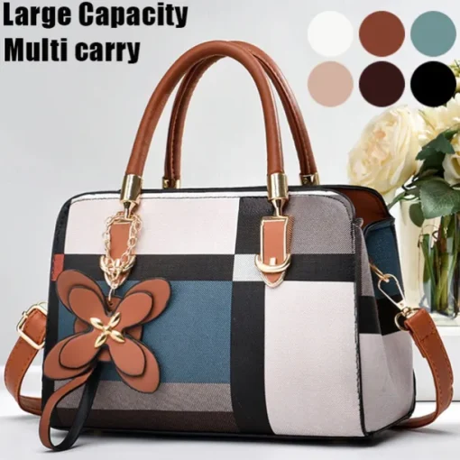 Women's Plaid Handbag with Faux Leather Handles and Shoulder Strap, Structured Top Handle Bag with Butterfly Charm for Office, Shopping and Daily Use