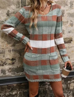 Women's Plaid V Neck Maxi Dress Long Sleeve Spring Fall
