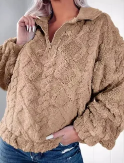 Women's Plain Casual Long Sleeve V Neck Regular Tops Street Dailywear Half Zip Pink Khaki Gray Fall Winter