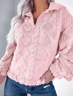 Women's Plain Casual Long Sleeve V Neck Regular Tops Street Dailywear Half Zip Pink Khaki Gray Fall Winter