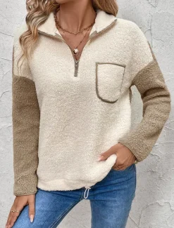 Women's Plain Fashion Casual Long Sleeve High Neck Regular Tops Street Casual Going out Patchwork Beige Fall Winter