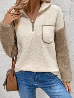 Women's Plain Fashion Casual Long Sleeve High Neck Regular Tops Street Casual Going out Patchwork Beige Fall Winter