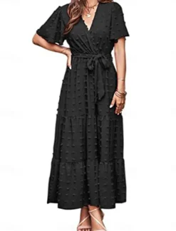 Women's Plain Tie Front V Neck Long Dress Maxi Dress Elegant Bohemia Party Daily Summer
