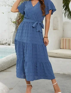 Women's Plain Tie Front V Neck Long Dress Maxi Dress Elegant Bohemia Party Daily Summer