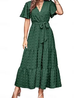 Women's Plain Tie Front V Neck Long Dress Maxi Dress Elegant Bohemia Party Daily Summer