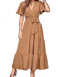 Women's Plain Tie Front V Neck Long Dress Maxi Dress Elegant Bohemia Party Daily Summer