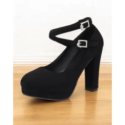 Women's Platform Faux Suede Mary Jane Pumps - Chunky High Heel Shoes with Rhinestone Buckle for Formal Events