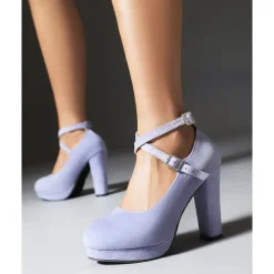 Women's Platform Faux Suede Mary Jane Pumps - Chunky High Heel Shoes with Rhinestone Buckle for Formal Events