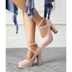 Women's Platform Faux Suede Mary Jane Pumps - Chunky High Heel Shoes with Rhinestone Buckle for Formal Events