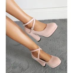 Women's Platform Faux Suede Mary Jane Pumps - Chunky High Heel Shoes with Rhinestone Buckle for Formal Events