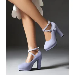Women's Platform Faux Suede Mary Jane Pumps - Chunky High Heel Shoes with Rhinestone Buckle for Formal Events