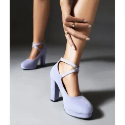 Women's Platform Faux Suede Mary Jane Pumps - Chunky High Heel Shoes with Rhinestone Buckle for Formal Events