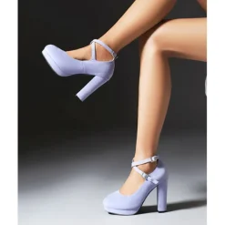 Women's Platform Faux Suede Mary Jane Pumps - Chunky High Heel Shoes with Rhinestone Buckle for Formal Events