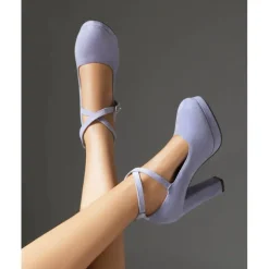 Women's Platform Faux Suede Mary Jane Pumps - Chunky High Heel Shoes with Rhinestone Buckle for Formal Events