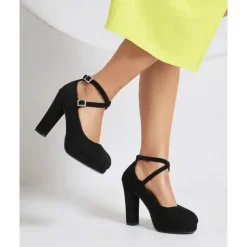 Women's Platform Faux Suede Mary Jane Pumps - Chunky High Heel Shoes with Rhinestone Buckle for Formal Events