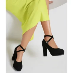 Women's Platform Faux Suede Mary Jane Pumps - Chunky High Heel Shoes with Rhinestone Buckle for Formal Events