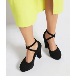 Women's Platform Faux Suede Mary Jane Pumps - Chunky High Heel Shoes with Rhinestone Buckle for Formal Events