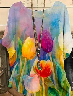 Women's Plus Size Blouse Chiffon Basic Floral Print Dolman Sleeve Short Sleeve Crew Neck Daily Weekend Blue Summer Spring