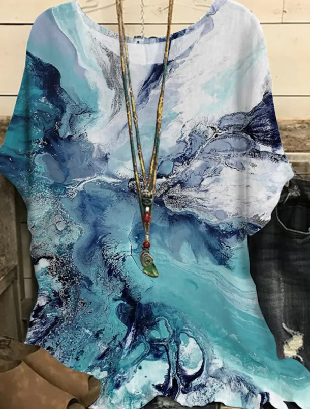 Women's Plus Size Blouse Chiffon Vintage Streetwear Casual Print Dolman Sleeve Half Sleeve Regular Tops Crew Neck Vacation Daily Going out Black Light Green Gold Green Summer Spring