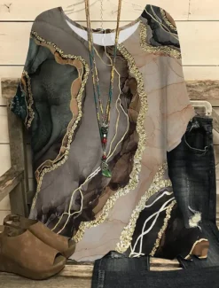 Women's Plus Size Blouse Chiffon Vintage Streetwear Casual Print Dolman Sleeve Half Sleeve Regular Tops Crew Neck Vacation Daily Going out Black Light Green Gold Green Summer Spring