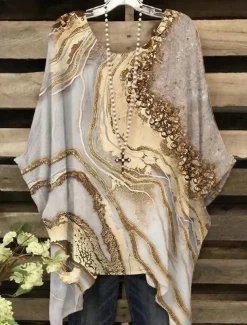 Women's Plus Size Blouse Chiffon Basic Casual Print Dolman Sleeve Crew Neck Vacation Daily Yellow Spring Fall