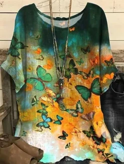 Women's Plus Size Blouse Floral Vintage Streetwear Holiday Short Sleeve Dolman Sleeve Crew Neck Regular Tops Vacation Daily Print Yellow Red Summer Spring