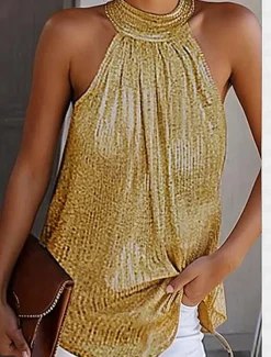 Women's Plus Size Camisole Tank Top Summer Tops Blouse Plain Sexy Basic Beach Sleeveless Halter Neck Daily Pleated Cut Out Silver Black Yellow